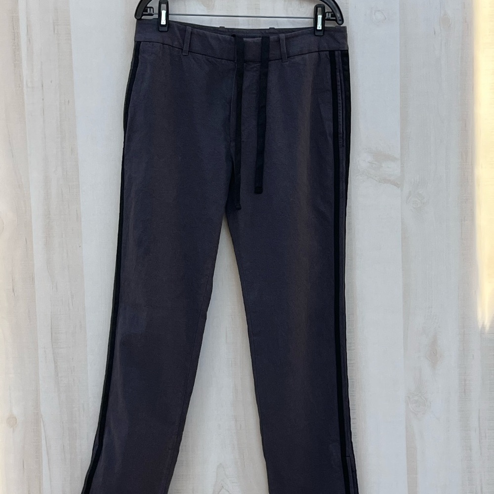 James Perse black and gray twill pants, tuxedo stripe, zip ankle, cotton, wool